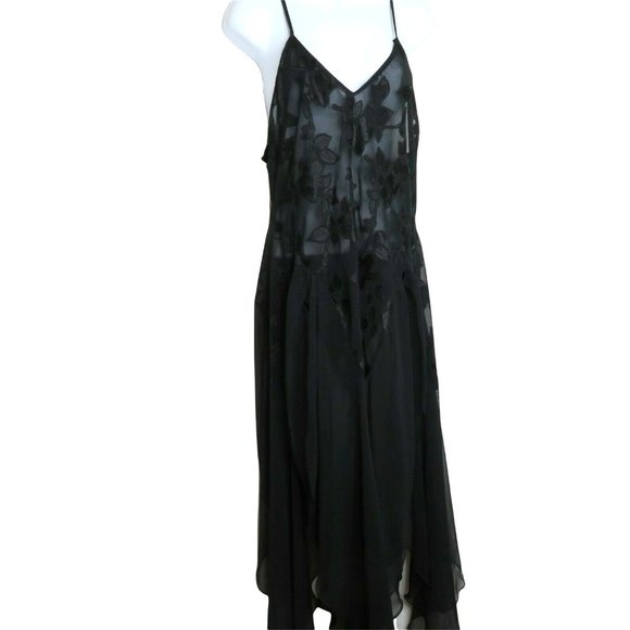 Vintage Sheer Chiffon Brocade Slip Nightgown M Black Sweeping Sheer Slit Panels - Picture 9 of 10